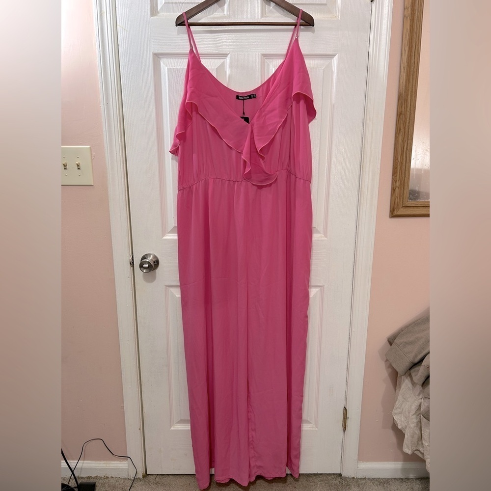 Boohoo Plus Ruffle Wide Leg Jumpsuit Pink Size 28